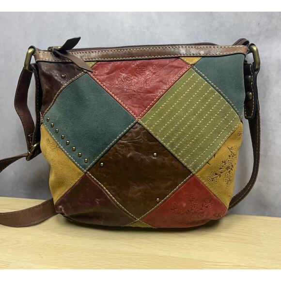 Fossil Multicolor Patches Suede w/ Tooled Floral Crossbody Bag Slingback - Picture 3 of 13